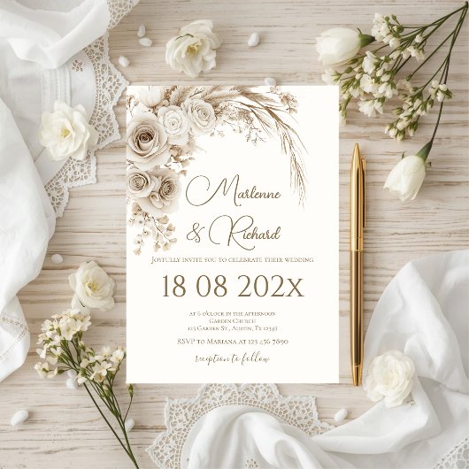 Boho beige floral wedding einladung