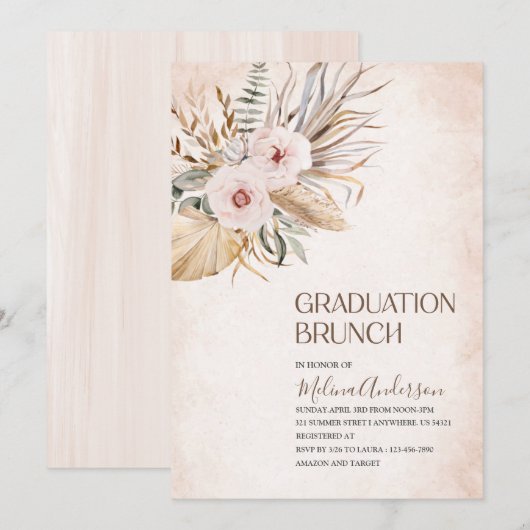 Boho Beige Floweser Aquarell Abschluss Brunch Einladung (Vorne/Hinten)