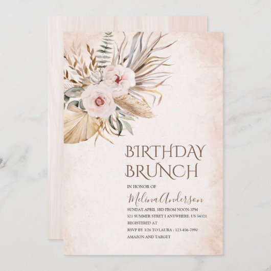 Boho Beige Floweser Wasserfarbengeburtstag Brunch Einladung (Vorne/Hinten)