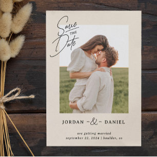 Boho Beige Foto Karte zur Hochzeitseinladung "Save