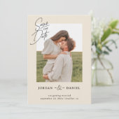 Boho Beige Foto Save the Date Card (Stehend Vorderseite)