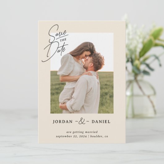Boho Beige Foto Save the Date Card (Stehend Vorderseite)