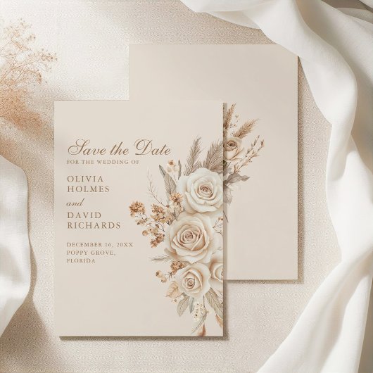 Boho Beige getrocknete Blume und Rose Hochzeit Save The Date
