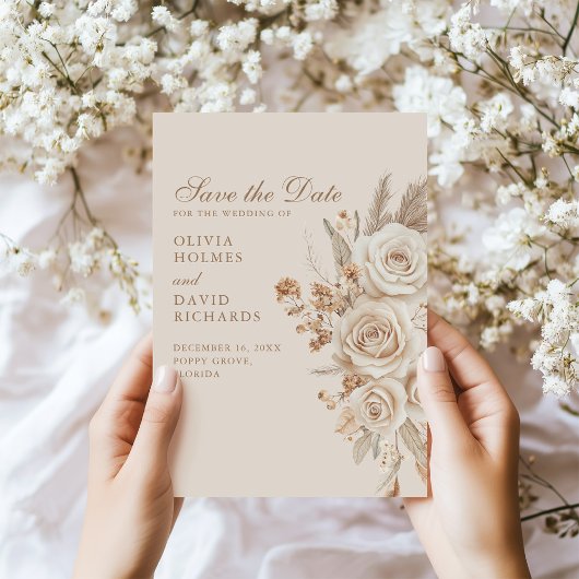 Boho Beige getrocknete Blume und Rose Hochzeit Save The Date