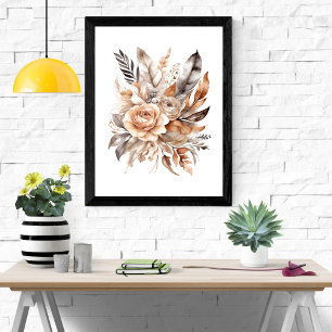 Boho Beige Grau Floral Botanisch Federn Poster