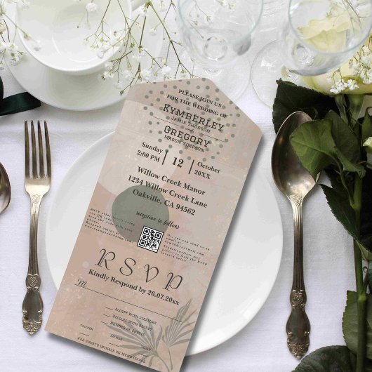 Boho Beige Green Abstrakt Shape QR-Code Minimalist All In One Einladung