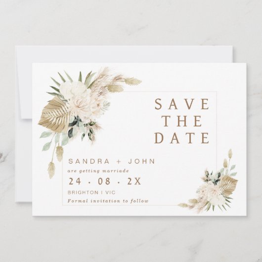Boho Beige Green Floral Save the Date Card Einladung (Vorderseite)