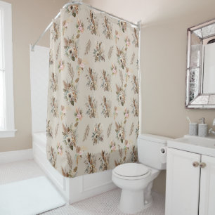 Boho Beige Green Pink Floral Botanical Blätter Duschvorhang