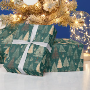 Boho Beige Grüne Weihnachtsbäume Feiertag Geschenkpapier