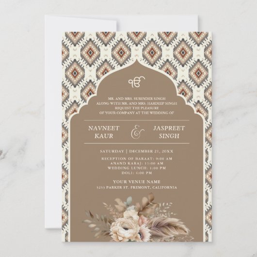 Boho Beige Ivory Ikat Anand Karaj Sikh Wedding Einladung (Vorderseite)