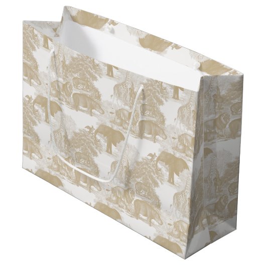Boho Beige Jungle Animals Safari Chinoiserie Große Geschenktüte (Vorderseite Schrägansicht)