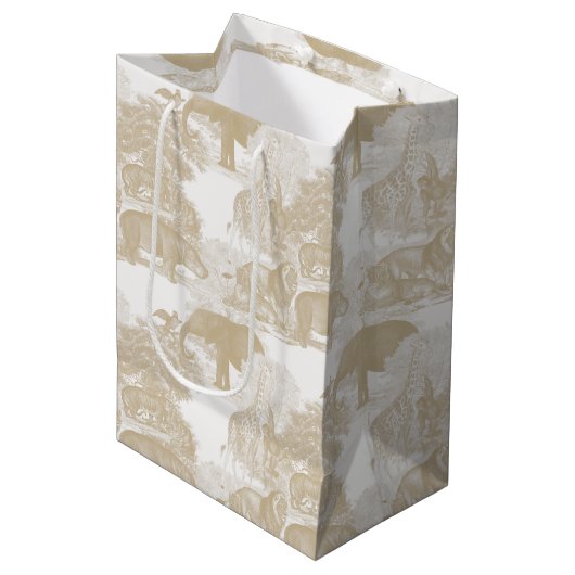 Boho Beige Jungle Animals Safari Chinoiserie Mittlere Geschenktüte (Vorderseite Schrägansicht)