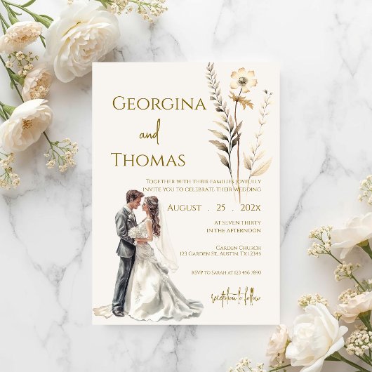 Boho beige mit Braut Hochzeit  Einladung