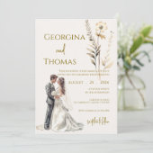 Boho beige mit Braut Hochzeit  Einladung (Stehend Vorderseite)