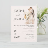 Boho beige mit Braut und Bräutigam Hochzeit Einlad Einladung (Stehend Vorderseite)