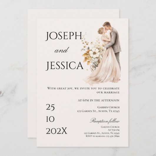 Boho beige mit Braut und Bräutigam Hochzeit Einlad Einladung (Vorne/Hinten)