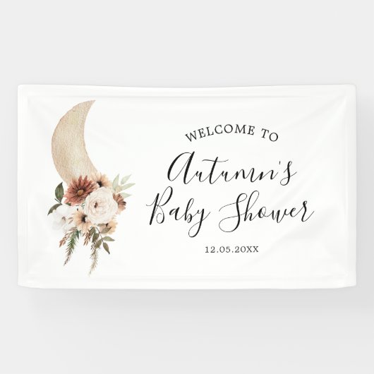 Boho Beige Moon Floral Baby Dusche Große Banner (Horizontal)
