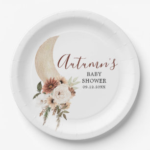 Boho Beige Moon Floral Baby Shower Paper Plate Pappteller