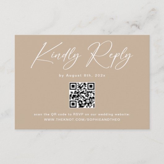 Boho Beige Neutral Wedding RSVP Qr Code Begleitkarte (Vorderseite)