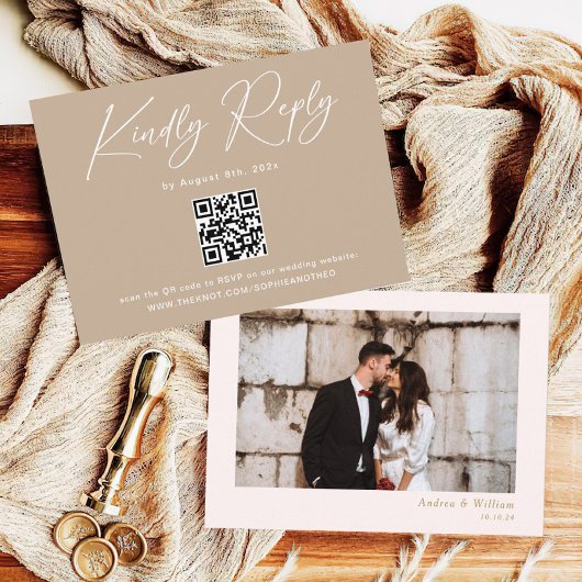 Boho Beige Neutral Wedding RSVP Qr Code Begleitkarte
