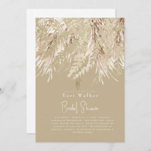 Boho Beige Pampas Modernes Brautparty Einladung (Vorne/Hinten)