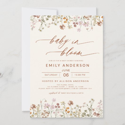 Boho Beige QR Code Wildblume Babydusche Einladung (Vorderseite)