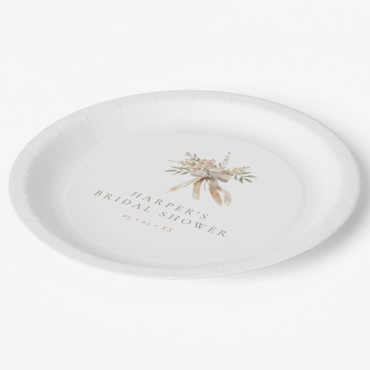 Boho Beige & Sage Blume & Bow Brautparty Pappteller (Schrägansicht)