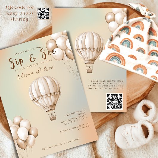 Boho Beige Sip and See Einladung mit QR-Code