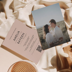 Boho Beige Typografie Script Foto QR Code Wedding Einladung