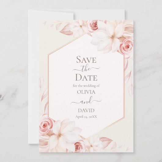 Boho Beige und Rosen Save the Date Einladung (Vorderseite)