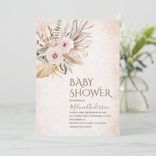 Boho Beige Wasserfarbendusche Einladung (Stehend Vorderseite)