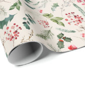 Boho Beige Weihnachten Botanical Holly & Berries Geschenkpapier (Rolleneckpunkt)