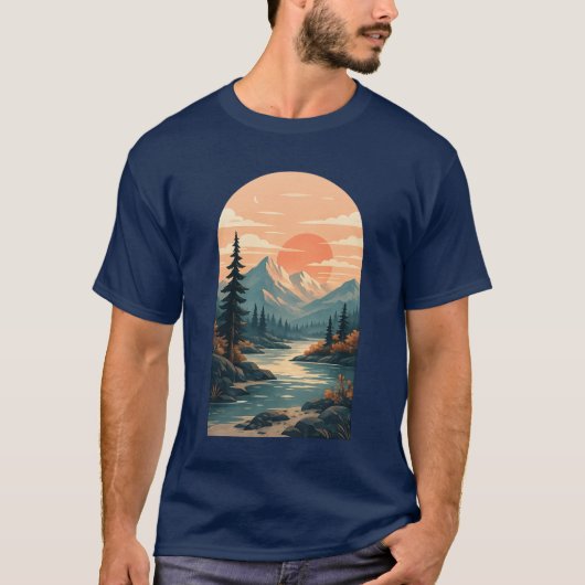 Boho-Berg-Sonnenuntergangs-Flussbogen-Kunst T-Shirt (Vorderseite)