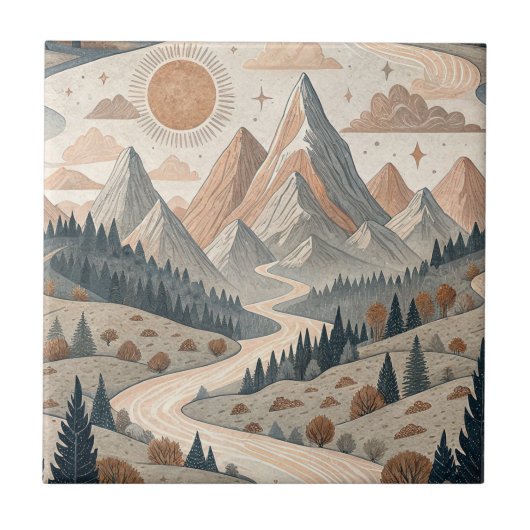 Boho-Bergfluss-Abstraktes Landschaftsmuster Kunst Fliese (Vorderseite)