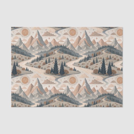 Boho-Bergfluss-Abstraktes Landschaftsmuster Kunst Seidenpapier (Vorderseite)