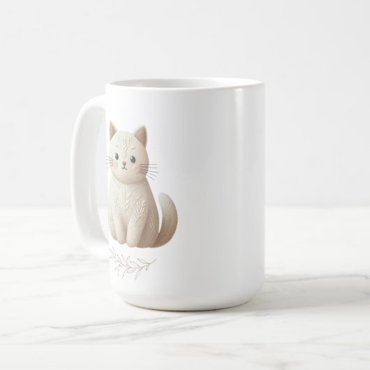 Boho bestickt Beige Kitty mit Blätter Kaffeetasse (Vorderseite Links)