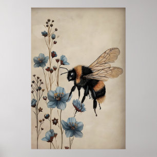 Boho-Biene im blauen Blumenmuster, Cottagecore-Wan Poster