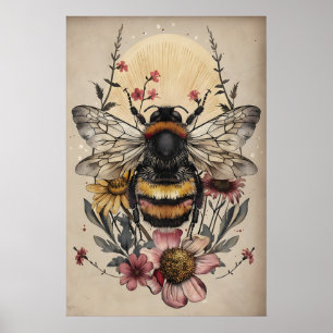 Boho-Biene im Blumenprint, Vintage-Cottagecore-Wan Poster