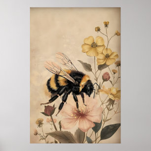 Boho-Biene im Gelben Blumenmuster, Botanische Wand Poster