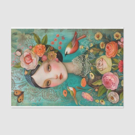 BOHO BIRD AND FLOWER MIRL DECOUPAY SEIDENPAPIER (Vorderseite)