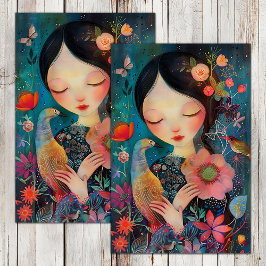 BOHO BIRD AND FLOWER MIRL DECOUPAY SEIDENPAPIER