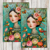BOHO BIRD AND FLOWER MIRL DECOUPAY SEIDENPAPIER