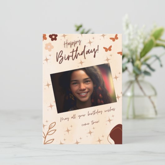 Boho Birthday Foto Card (Stehend Vorderseite)