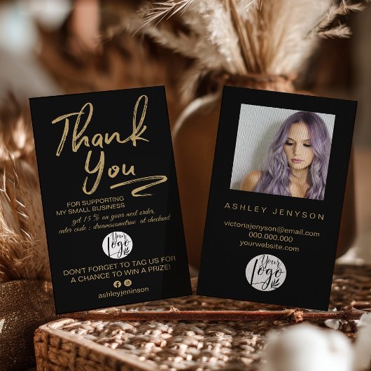 Boho Black and Gold Script Photo Thank You Logo Visitenkarte