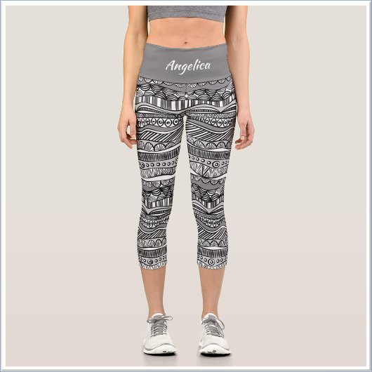 Boho Black and White Tribal Print Capri Leggings