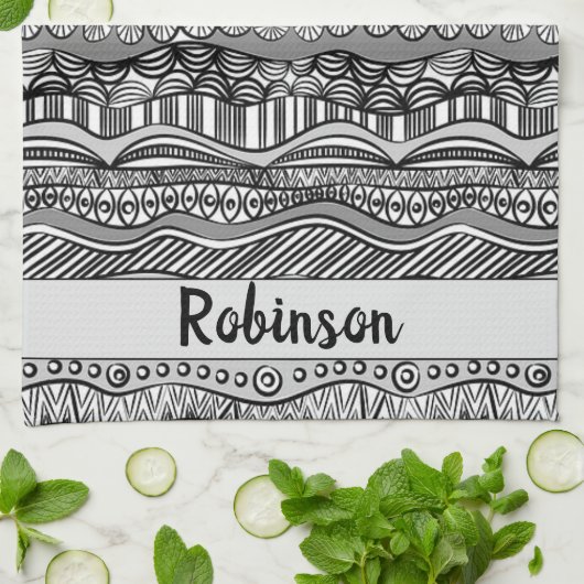 Boho Black and White Tribal Print Geschirrtuch (Gefaltet)