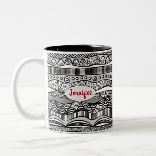 Boho Black and White Tribal Print Two-Tone-Kaffee Zweifarbige Tasse (Links)