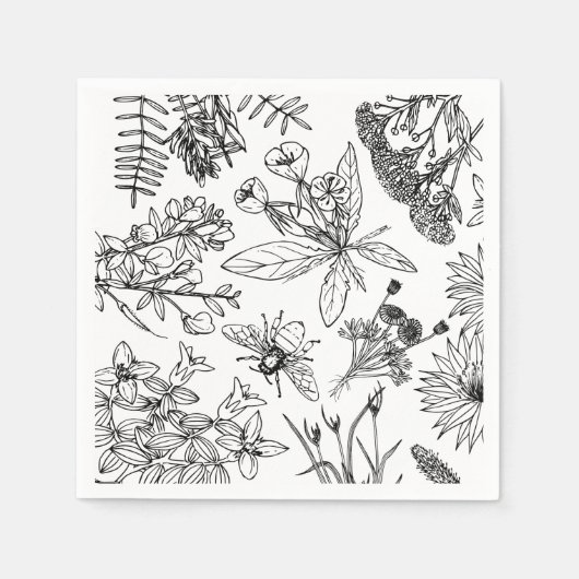 Boho Black and White Wildblume Paper Napkin Serviette (Vorderseite)