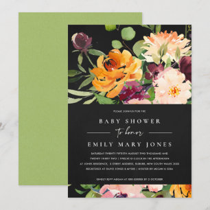 BOHO BLACK BLUSH YELLOW ORANGE FLORAL BABY DUSCHE EINLADUNG