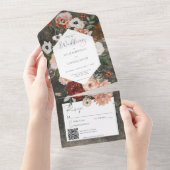 Boho Black Burgundy Fall Floral QR-Code All In One Einladung (Abreißen)